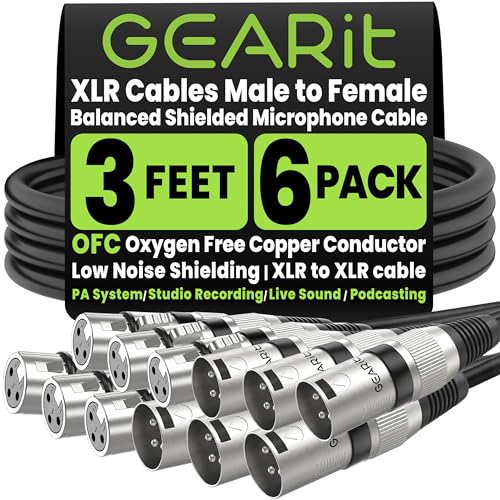 Image of GearIT XLR Male to Female Microphone Cable (3 Feet, 6-Pack) Mic Extension Cable - Black