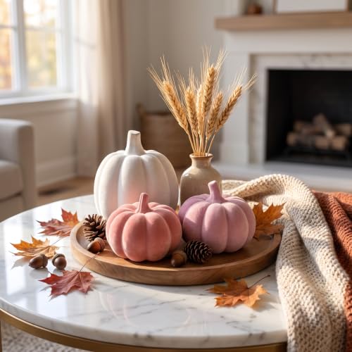 Pink and White Pumpkins Decor, 3Pcs Flocked Velvet Pumpkins Fall Decoration - image 4