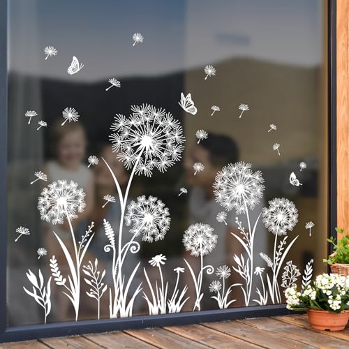 Tanlaby Fensterbilder Pusteblume Weiß Fensteraufkleber Pflanzen Schmetterling Fenstersticker Blumen Frühling Sommer Fenster Aufkleber Wohnzimmer Schlafzimmer Bad Küche Glastüren Fenster Deko