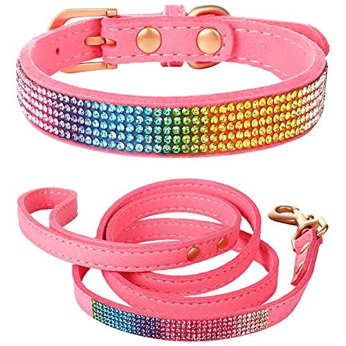 2 Pieces Pet Bling Rhinestone Diamond Collar and Leash Set Soft Suede Leather Pet Collar Adjustable Dog Collar Crystal Fancy Puppy Collar for Pet Dog Cat Birthday Wedding Collar