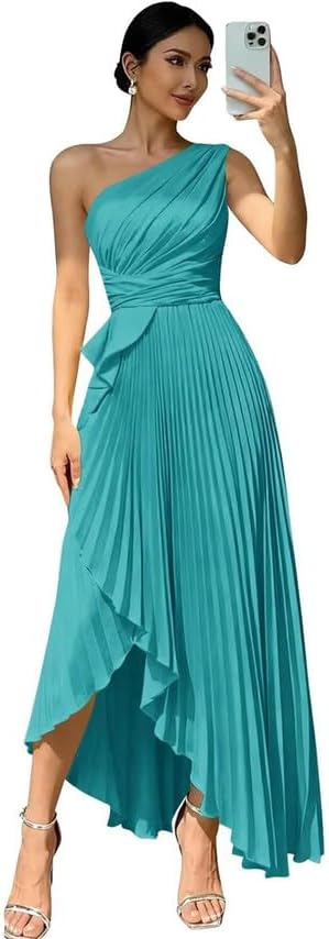 One Shoulder Pleated Bridesmaid Dresses Satin A Line with Slit Formal Gowns