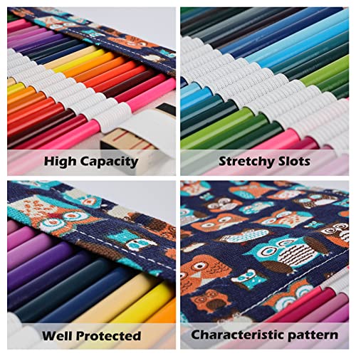 Image of Surblue Canvas Pencil Case Pencil Roll Wrap with 72 Slots Coloring Pencil Holder Organizer Paint Brush Storage Pouch Portable for Artist, Writer (Navy Owl