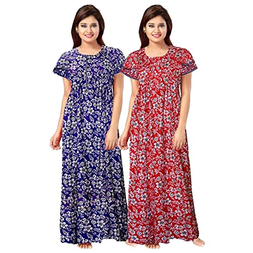 Image of WiWi Nighty for Women Cotton Printed Maxi Gown Ankle Length Nighty Night Dress Gown for Women Maxi - Free Size (Pack of 2) Blue & Red