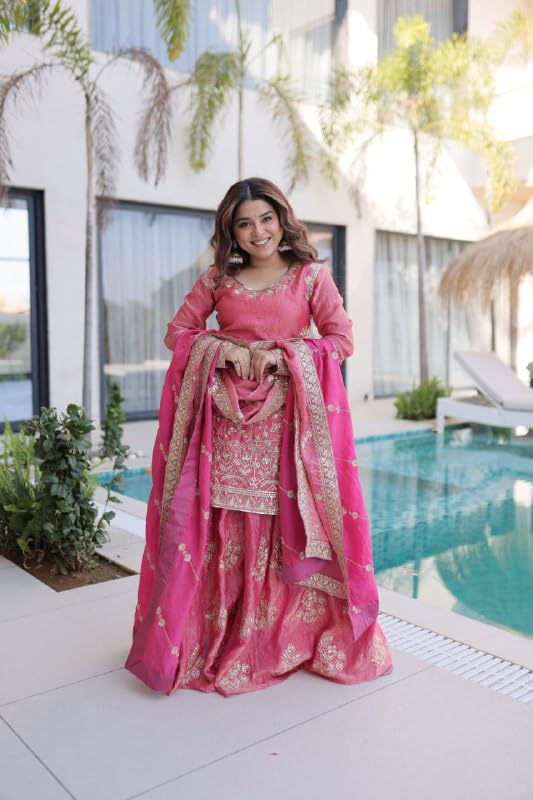 Image of Women's Embroidered Kurta Sharara Set with Dupatta | Designer Indian Ethnic Suit | Festive, Wedding, Engagement & Party Outfit for Women