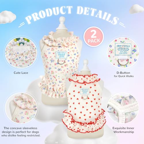 2 Pack Dog Cat Dresses for Small Dogs Girl Cute Heart & Floral Print Ruffle Sleeve Hem Breathable Stretchy Pet Puppy Cat Summer Clothes Outfits for Chihuahua Yorkie Teacup Extra Small Tiny Dogs - Image 3