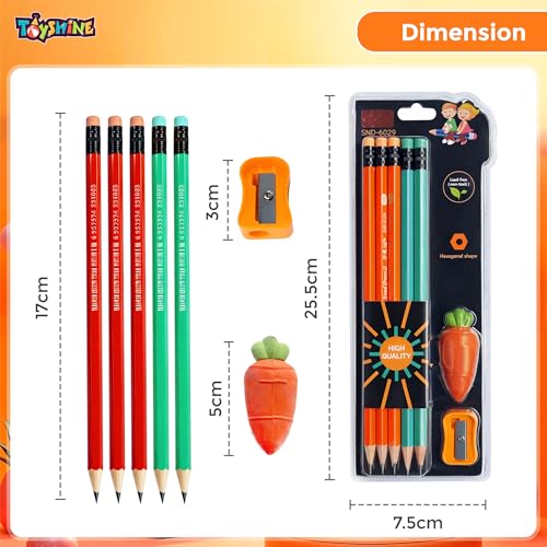 Image of Toyshine HB Pencil Set with Eraser & Sharpener | 10 Pcs Writing Pencil Kit with Cute Carrot Eraser | Smooth Writing School Stationery Set for Kids & Students