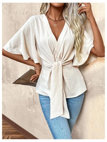 OYOANGLE Women's Textured Wrap V Neck Ruffle Short Sleeve Ruched Blouse Tie Front Tunic Tops4