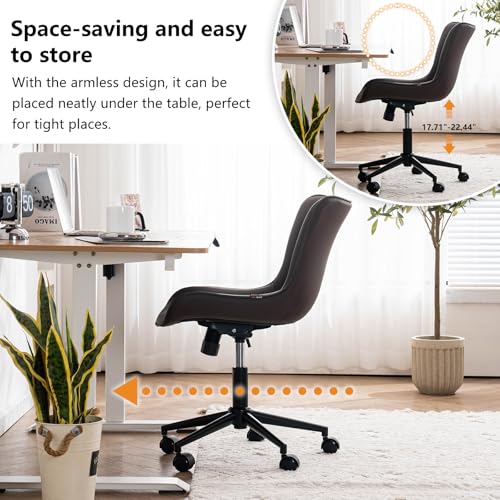 Image of YOUNIKE Brown Ergonomic Home Office Desk Chair with Wheels Comfy Armless Vanity Chair with Back Modern Leather Upholstered Rolling Task Chair Small Cute Computer Drafting Chair Wide Swivel Adjustable