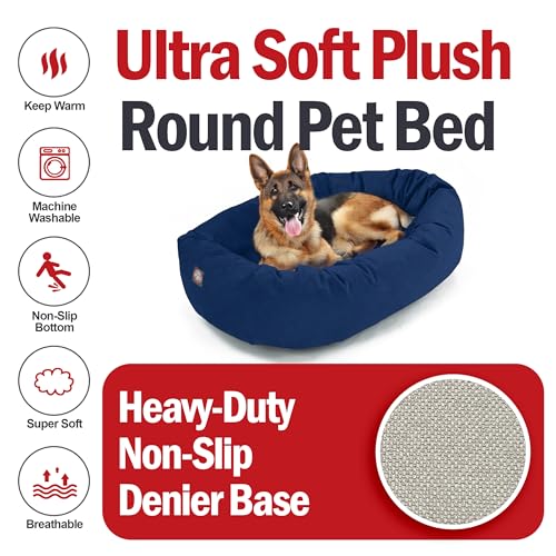 Image of Majestic Pet Suede Shredded Memory Foam Mix Calming Dog Bed Washable - Cozy Soft Round Dog Bed with Spine for Head Support - Fluffy Donut Dog Bed, 52 Inch, Navy