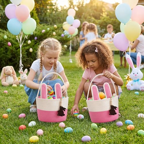 Image of Pro Goleem Easter Basket for Kids, Adorable Woven Egg Hunt Bucket with Handle, Soft First Easter Gift Tote Bag, Nursery Toy Storage Bin with Tag(Pink)