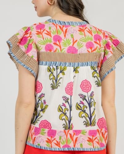 Women Y2K Ruffle Cap Sleeve Top Boho Floral V Neck Shirt Peplum Babydoll Patchwork Blouse Shirt Going Out3