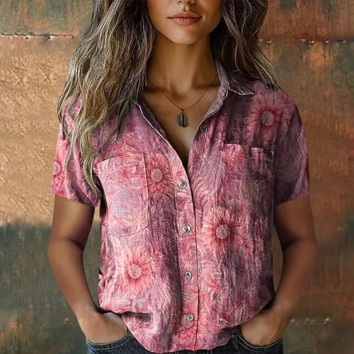 Womens Floral Button Down Shirts 2025 Women Cotton Shirt Printed V Neck Button Down Casual Tops Short Sleeve Blouse2