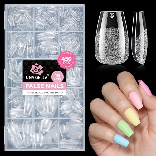 UNA GELLA Short Coffin Nail Tips: 450PCS Fake Acrylic Gel Nail Tips 15 Sizes Soft Clear Pre-Etched Nails Extension Full Cover Coffin Press On Nails Home DIY Salon