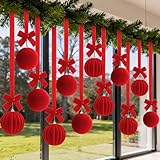 Sosation 12 Set 43' Large Velvet Christmas Ball Ornaments Decoration Set Velvet Xmas Balls with Ribbon and Bow Hanging Ornaments for Christmas Tree Window Curtain Door Living Room Decor(Red)