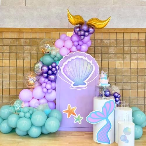 Image of Mermaid Balloon, 12 Inch Mermaid Theme Balloon, Metallic Purple Green Party Balloons, Teal Green Purple and White Balloons with Confetti for Mermaid Party Girls Birthday baby shower Decoration