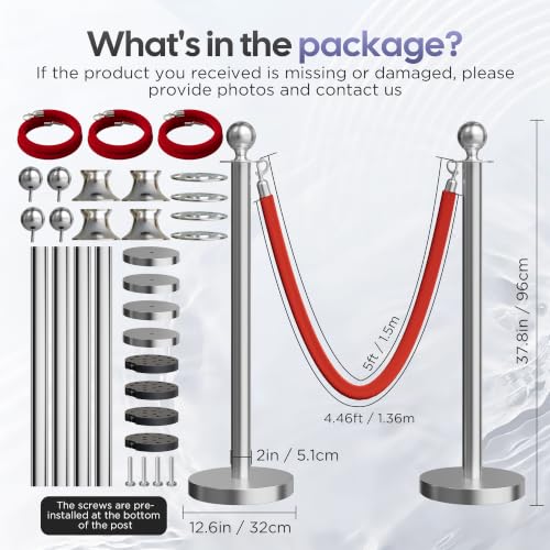 Image of 4 Pack Silver Stanchions and Velvet Ropes Set, Stainless Steel Crowd Control Barriers, 3Pcs Red Ropes and Poles for Party Supplies,Photobooth Accessories,Prom,Birthday,Business,Wedding, Museums