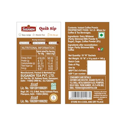 Image of Sugandh Quik Sip Instant Coffee Premix (Pack of 2) - Single Serve Sachets - Unit Count: 2 Boxes of 10 Sachets each, Medium Roast