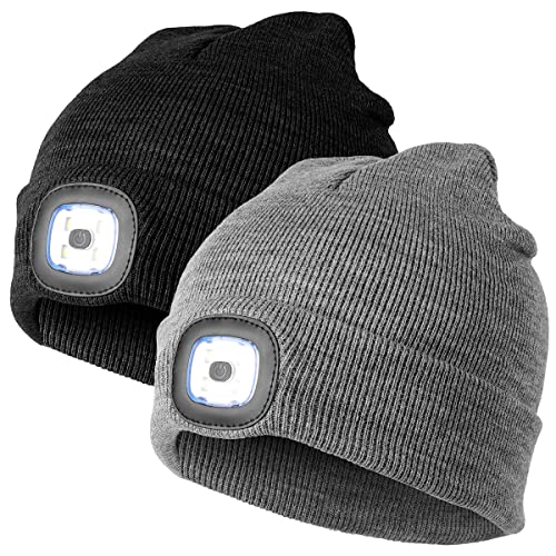 LED Lighted Beanie Cap,USB Rechargeable 4 LED Headlamp, Winter Warm Cycling Hunting Knitted Hat LED Lighted Cap Led Stocking Caps Hat Cap Hands Free Unisex Lighted Beanie Cap(2-Pack) Black/Grey