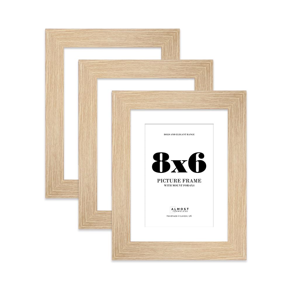 8x6" Oak Frame With Mount for 6x4" Pictures 28mm Edge Portrait and Landscape Display with Wall Hooks and Kickstand, 3 Pack