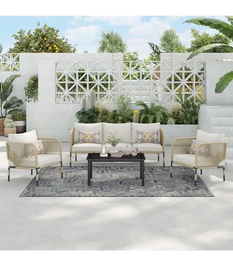 Image of 4-Piece Outdoor Indoor Rope Patio Furniture Set Conversation Garden Waterproof Weaving Rope Bistro Set for Balcony Lawn Garden Terrace (Off White0036)
