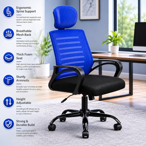 Image of HIGHLIVING Ergonomic Office Chair | Adjustable Headrest | 120 Tilt | Breathable Mesh Back | Moulded Foam Seat | Class 4 Gas Lift | Metal Base | High Back Computer Chair for Home & Office