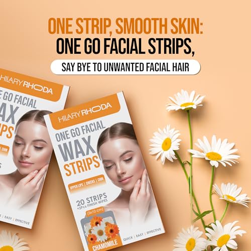 Image of Hilary Rhoda Women One Go Facial Wax Strips | Chamomile Extract | Ready-to-Use for Upper Lip, Chin & Cheeks | Hair Removal Strips with 2 Wipes | Painless, Quick & Gentle Waxing | 20 Strips