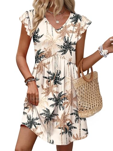 Image of OFEEFAN Summer Dresses for Women Beach Vacation Clothes V Neck Ruffle Sleeve Babydoll Dress Elegant Classy Sundress