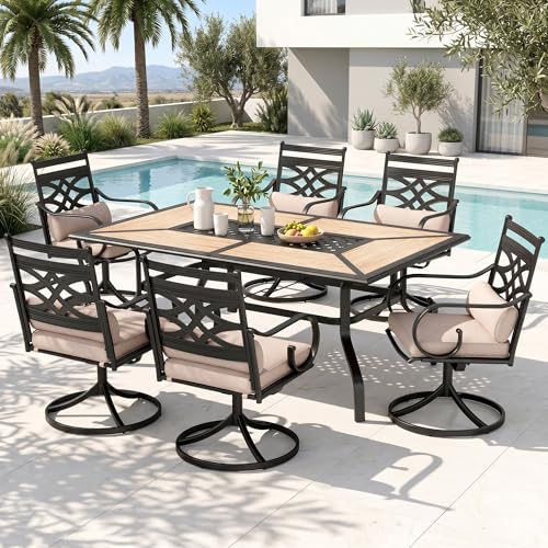 PHI VILLA Patio Dining Set for 6, 7 PCS Outdoor Dining Sets - 1 Rectangle 37x60in Dining Table (1.57" Umbrella Hole) & 6 Swivel Dining Chairs,Metal Patio Furniture for Outdoor Kitchen Lawn and Garden