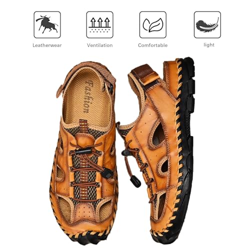Men's Leather Hand Stitched Fisherman Sandals with Back Hook Loop Casual Breathable Cutout Closed Toe Anti-Slip Flat Water Shoes Summer Outdoor Beach Walking Shoes4