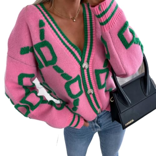 Womens Contrast Color Button Down Cardigan Sweaters V-Neck Long Sleeve Loose Knit Chunky Cardigan