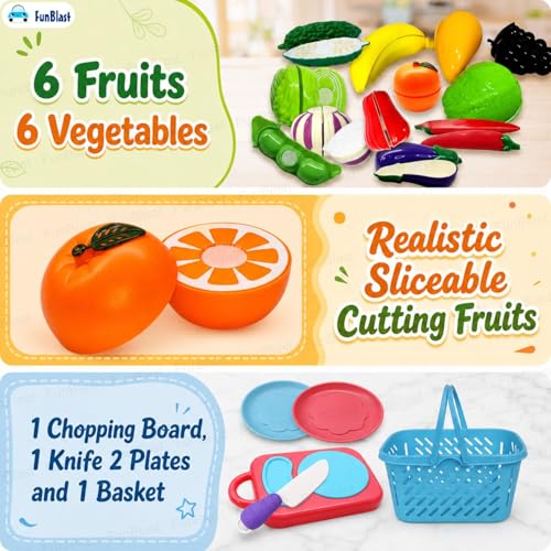 Image of FunBlast Fruits and Vegetables Play Set Toys, Realistic Sliceable Cutting Pretend Play Kitchen Toys for Kids, Play Food Toys, Fruit Vegetable Toys, Chopping Board with Knife and Basket (16 Pieces)