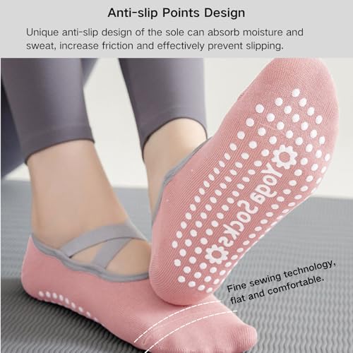 4 Pairs Yoga Pilates Socks, Non-Slip Grip Yoga Socks, average size ankle for Women, one size for most, ideal for Barre, Hospital, Barefoot, exercise(black, pink, grey, blue)3