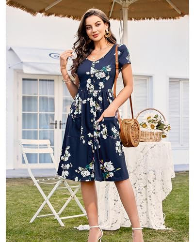 VOTEPRETTY Women's Short Sleeve V Neck Sundress Summer Casual Button Floral Dress with Pockets2