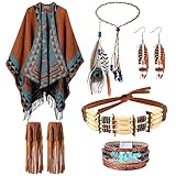 Xtinmee 6 Pcs Native American Costume for Women Halloween Women Costume Printed Tassel Cardigan Wrap Shawl Fringe Boot Covers and Native American Jewelry Set