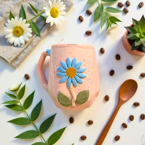 Image of Handmade Ceramic Mug 3D Daisy Flower Design Coffee Tea Cup 240 ml Gift for Coffee Lovers Kitchen Decor (Pink /Light Blue /Yellow /Grey) (Pink)