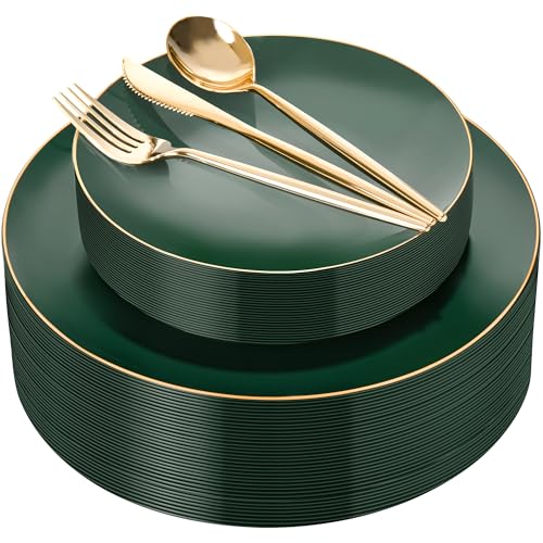 I00000 150Pcs Green Plastic Plates with Gold Rim