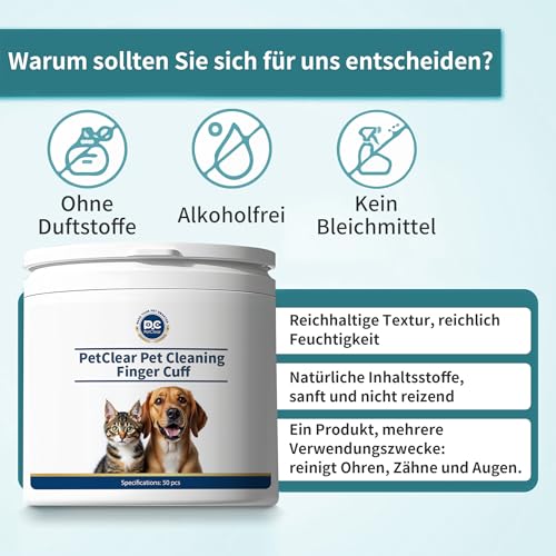 PETCLEAR Ohrpflege Finger-Pads für Hunde & Katze | Besonders weiche & milde Einweg-Reinigungspads | Hunde Ohrenreiniger Ohrenpflege gegen Ohrenentzündung Ohrmilben u. Hygiene bei Hund Katze | 50 Stück