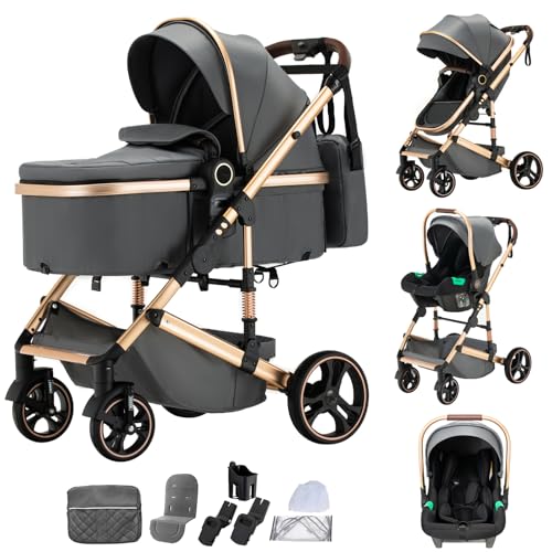 Cochecito 3 en 1 Shineey con manillar regulable en altura, sistema de viaje 3 en 1, silla de paseo ligera y plegable, cochecito con estructura de aluminio para un transporte portátil (DARK GREY, H9)