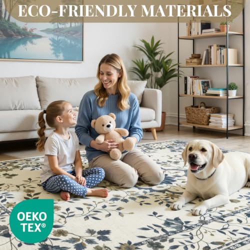 UKISS Washable Rugs 5'x7' Area Rugs for Living Room ，Ultra Silky Floral Rug for Bedroom, Vintage Indoor Floor Large Area Rug，Non Slip Low Pile Carpets for Home Office Blue - image 3