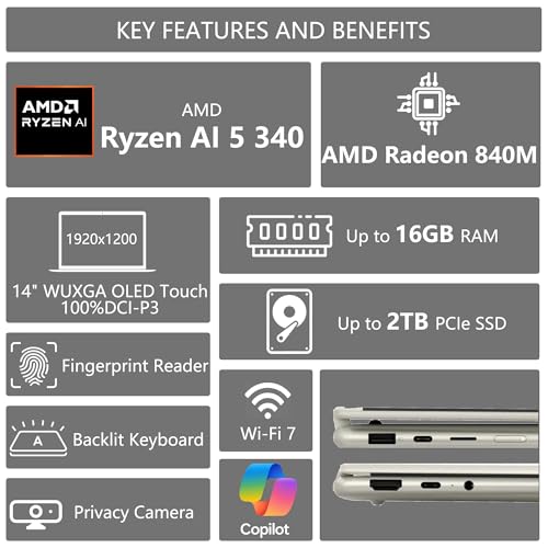 Image of Lenovo Yoga 7 2-in-1 AI PC Laptop | 14 inch WUXGA OLED Touch (100% DCI-P3) | AMD Ryzen AI 5 340 (Up to 50 Tops) | 16GB DDR5 1TB SSD | for Creator Business Professional Win11Pro w /DLCA Accessory