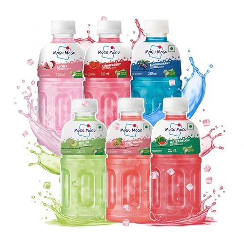 Image of Mogu Mogu Assorted Flavour Juice with Nata de Coco Jelly (Pack of 6), Lychee, Strawberry, Blackcurrant, Melon, Pink Guava & Watermelon, Imported from Thailand