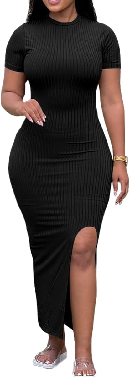 Womens Bodycon Maxi Dress Split Striped Ribbed Crewneck Short Sleeves Casual Sundress Solid Sexy Long Summer Dresses