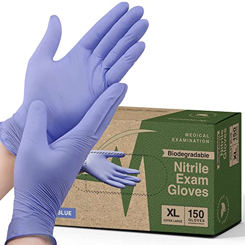 Biodegradable Disposable Medical Gloves X Large - 150 Count - Violet Blue Nitrile Gloves - Medical Exam Powder and Latex Free Gloves - Surgical and Dental Grade with Textured Fingertips
