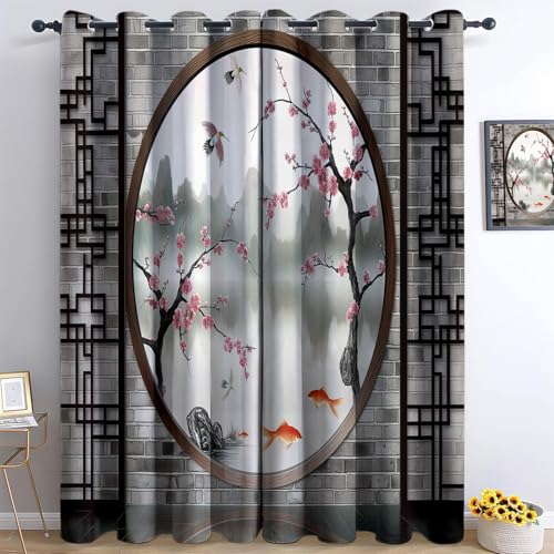 Cortinas Opacas 2 Piezas Ventana De Flor De Ciruelo De Planta China, Cortinas Salon Cortinas Termicas aislantes Frio y Calor con Ojales para Cocina Habitacion Infantil Dormitorio, Gris, 183 x 214 cm