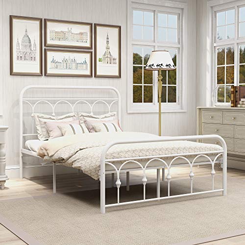 Beautiplove Sturdy Metal Bed Frame Full Size with Vintage Headboard and Footboard,Platform Mattress Base No Box Spring Needed,White