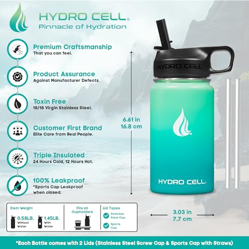 Image of HYDRO CELL Stainless Steel Insulated Water Bottle with Straw - For Cold & Hot Drinks - Metal Vacuum Flask with Screw Cap and Modern Leakproof Sport Thermos for Adults (Mint /Green 14oz)