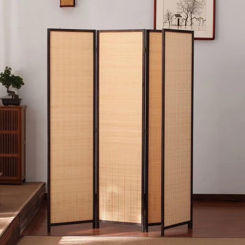 LINGWEI Room Devider Wooden Room Partition 4-Panel Folding Room Divider Screen - Bamboo Woven Privacy Divider, Wooden Frame - 195cm x 177cm