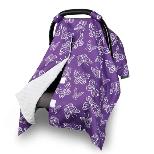 Image of Baby Car Seat Cover for Boys Girls, Winter Infant Carseat Cover for Babies, Peekaboo Opening Nursing Cover Carseat Canopy, Warm Carrier Cover for Newborn, Purple Butterfly