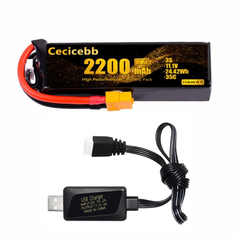 Cecicebb 11.1V 2200mAh 3S Lipo Battery XT60 Plug for RC Airplane Helicopter Quadcopter RC Car Truck Boat 1 Pack with Charger