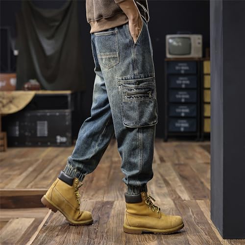 Cargo Jeans for Men Loose Fit Vintage Denim Jogger Blue Pants Streetwear Multi Pocket Work Pants4